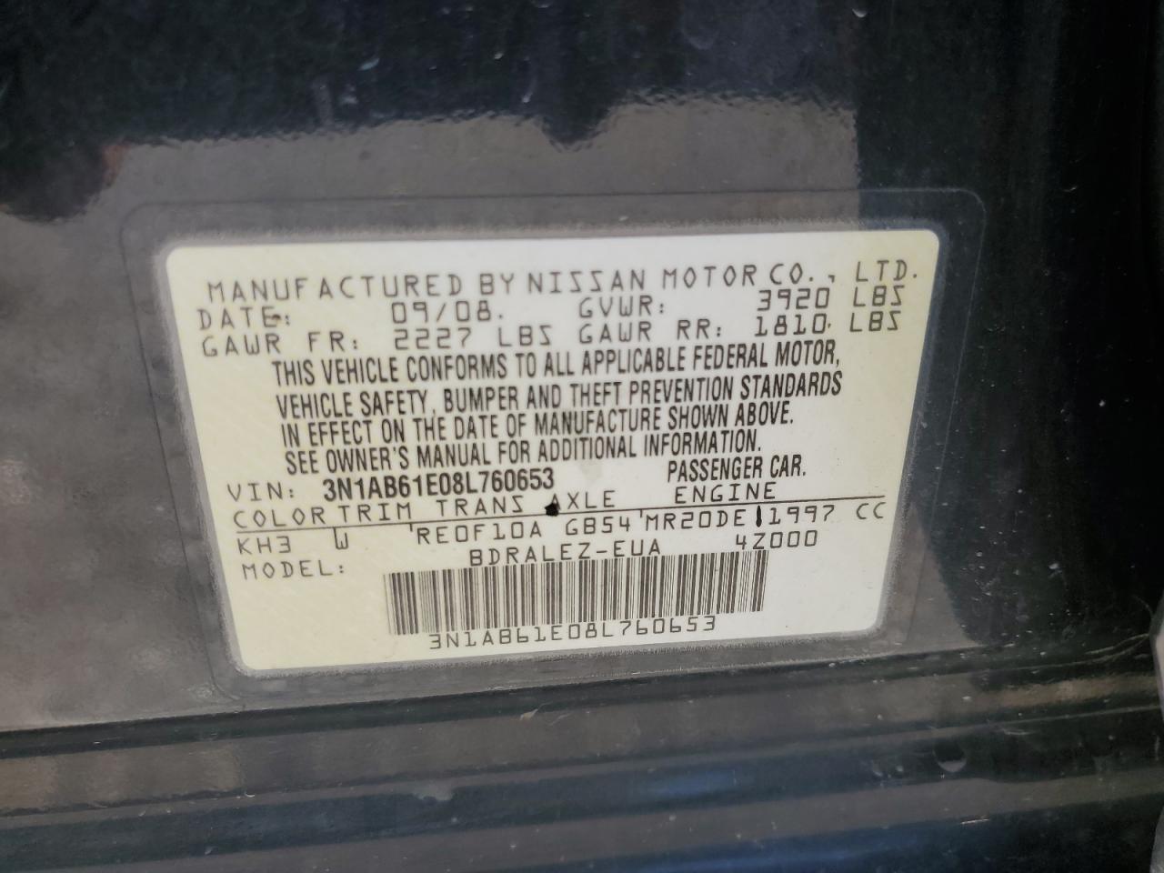 2008 Nissan Sentra 2.0 VIN: 3N1AB61E08L760653 Lot: 62357745