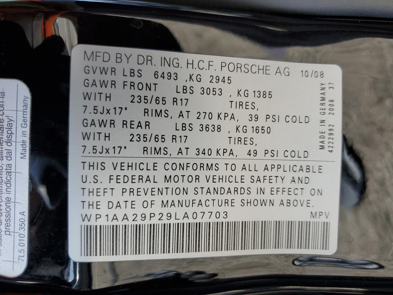 2009 Porsche Cayenne VIN: WP1AA29P29LA07703 Lot: 60674845