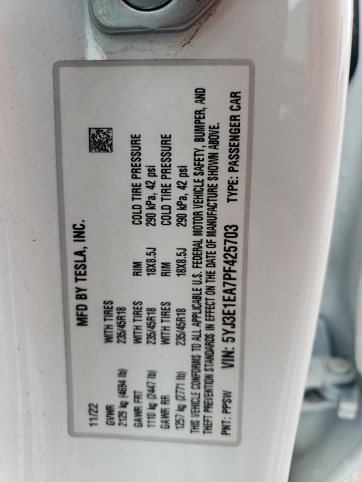 2023 Tesla Model 3 VIN: 5YJ3E1EA7PF425703 Lot: 62582515
