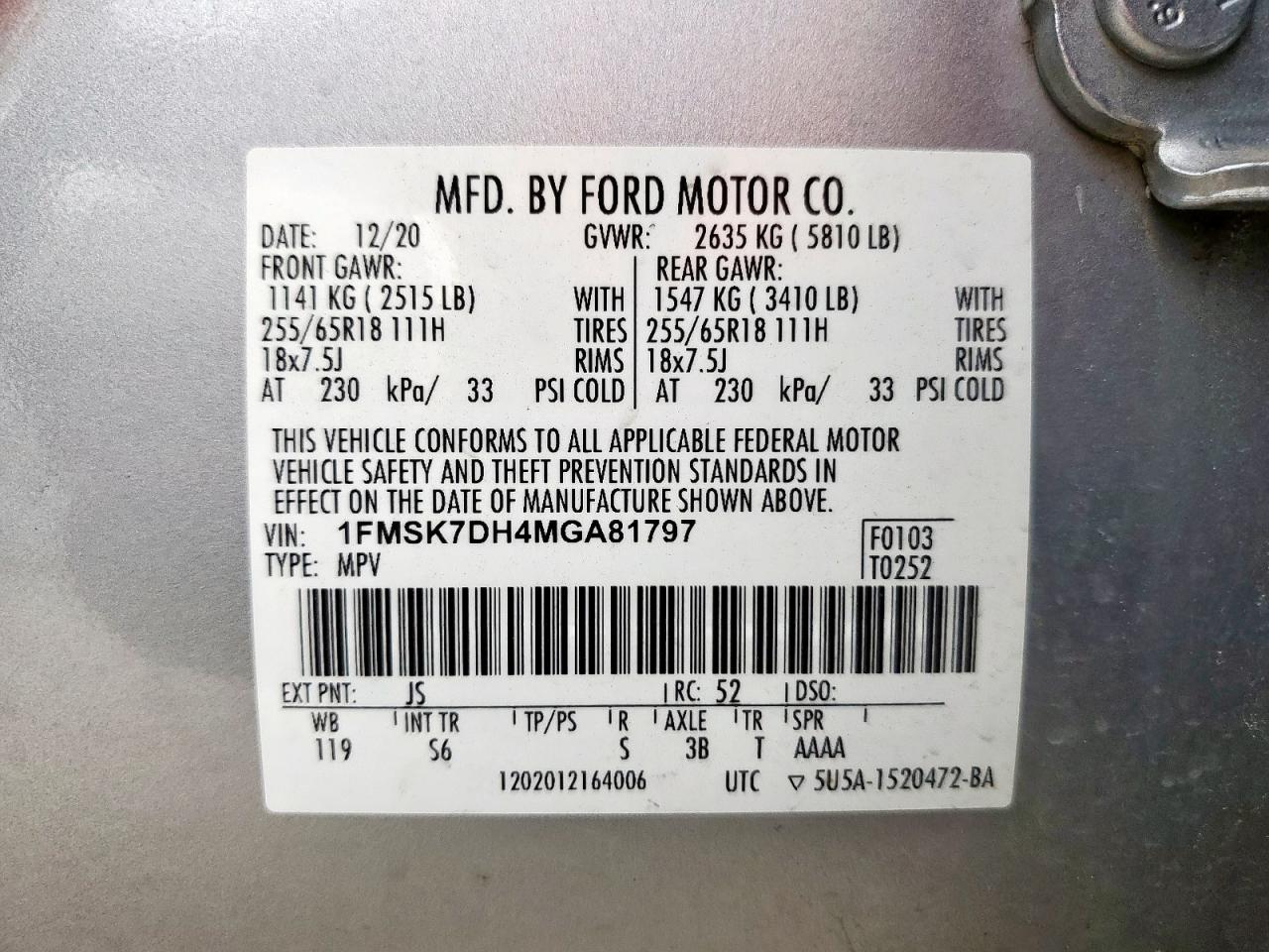 2021 Ford Explorer Xlt VIN: 1FMSK7DH4MGA81797 Lot: 60420975