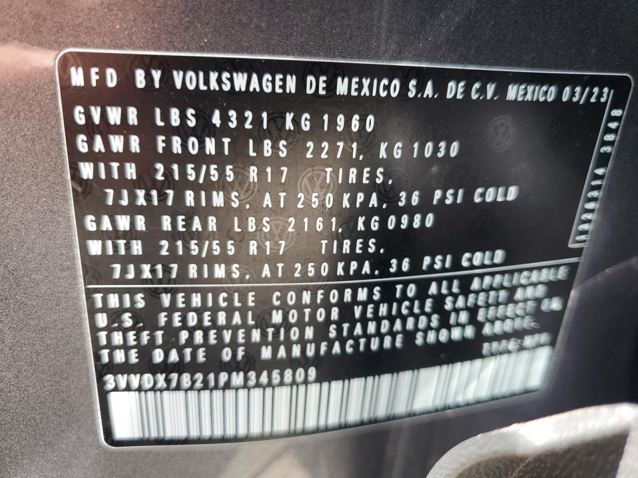 2023 Volkswagen Taos S VIN: 3VVDX7B21PM345809 Lot: 61465985