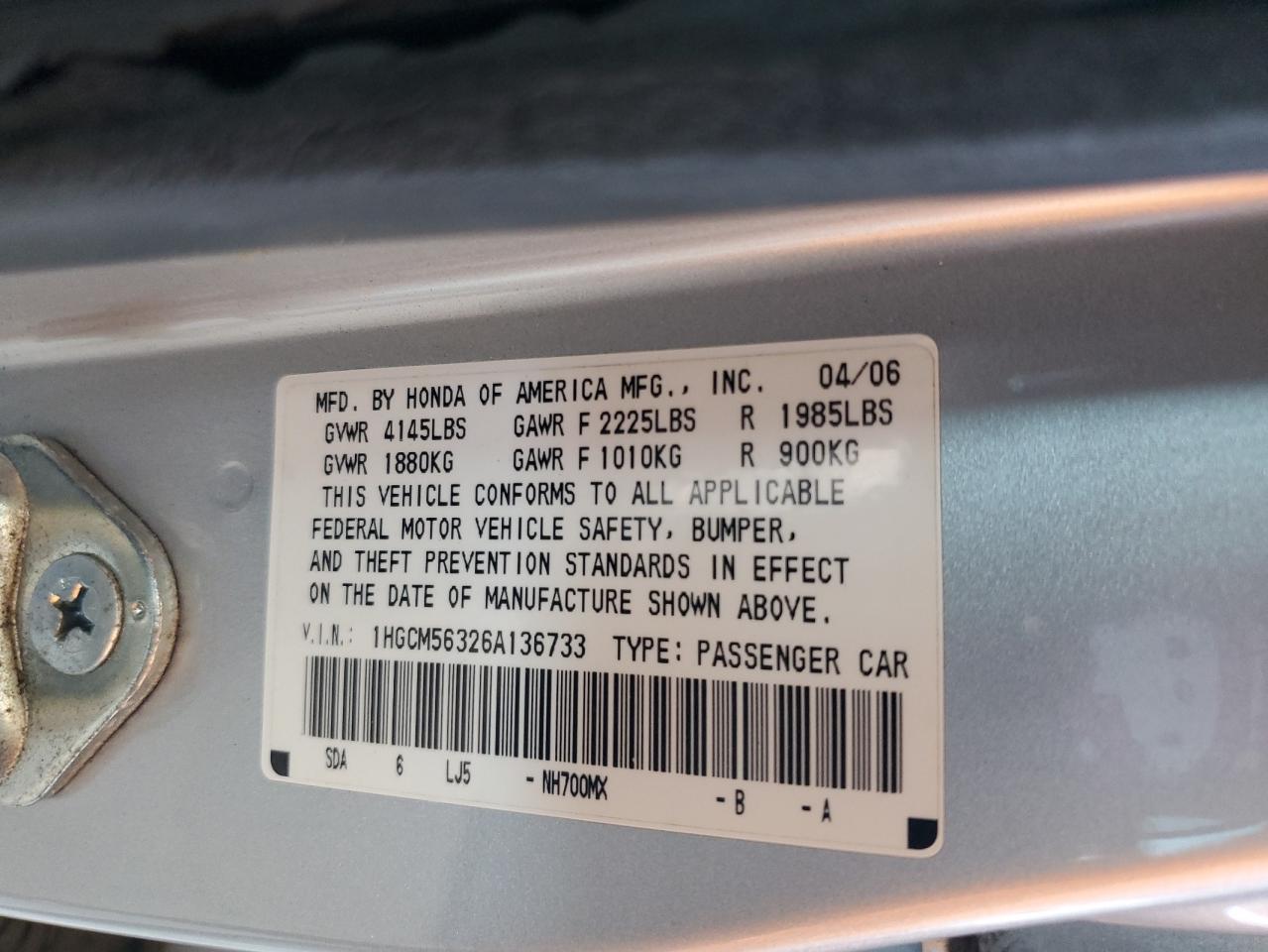 2006 Honda Accord Se VIN: 1HGCM56326A136733 Lot: 60932405