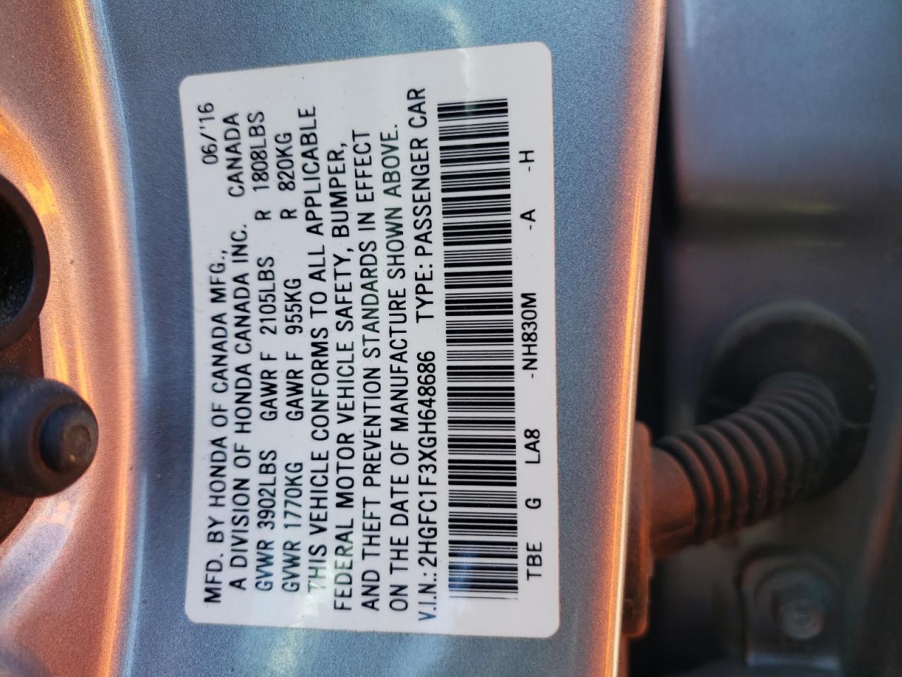 2016 Honda Civic Ex VIN: 2HGFC1F3XGH648686 Lot: 63312785