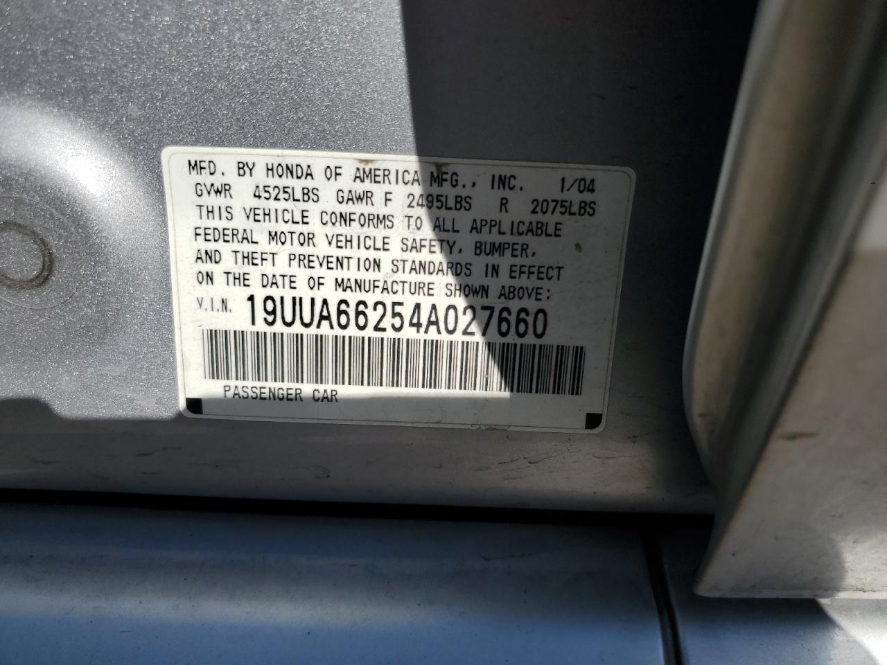 2004 Acura Tl VIN: 19UUA66254A027660 Lot: 62523015
