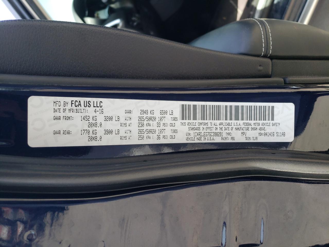 2016 Dodge Durango Citadel VIN: 1C4RDJEG7GC398291 Lot: 60238285