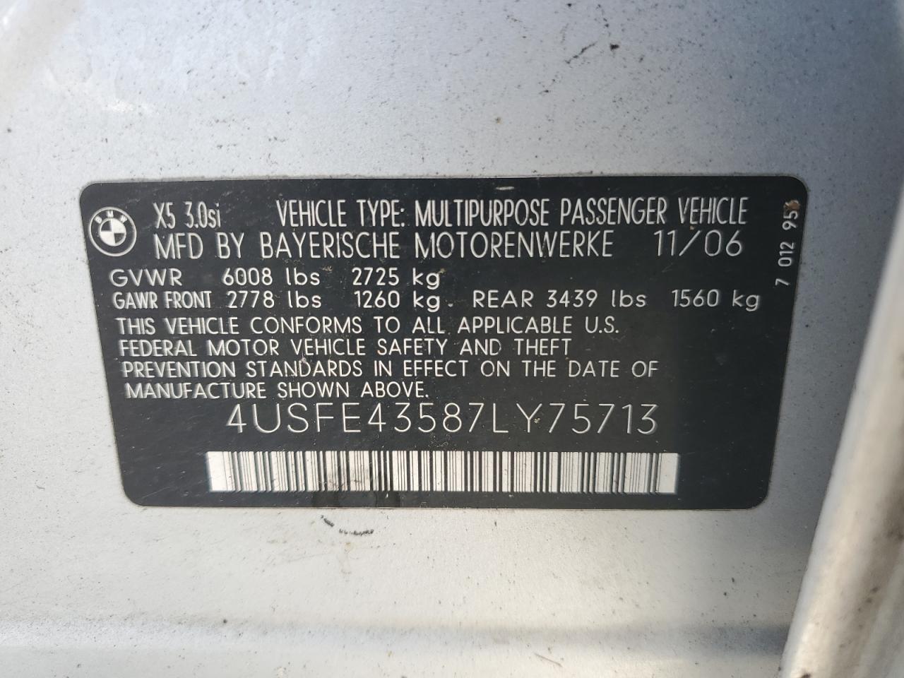2007 BMW X5 3.0I VIN: 4USFE43587LY75713 Lot: 59151545