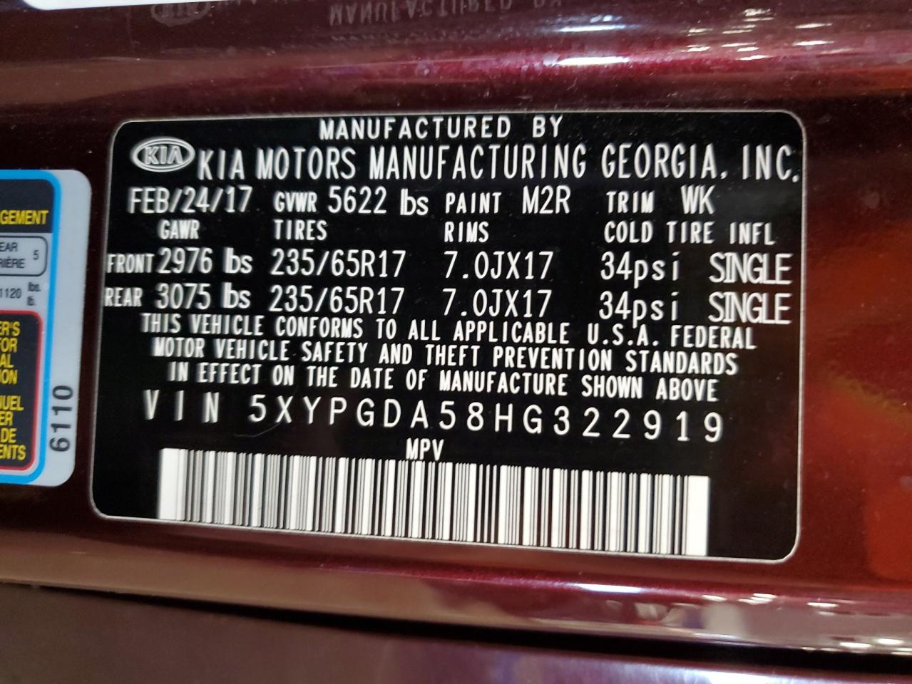 2017 Kia Sorento Lx VIN: 5XYPGDA58HG322919 Lot: 62748275