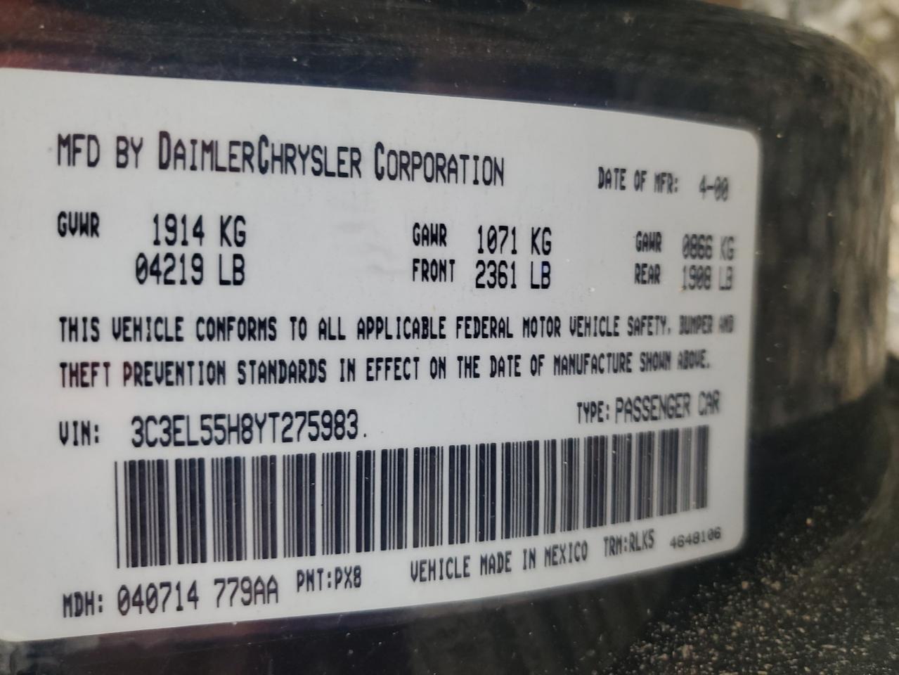 2000 Chrysler Sebring Jxi VIN: 3C3EL55H8YT275983 Lot: 61361665