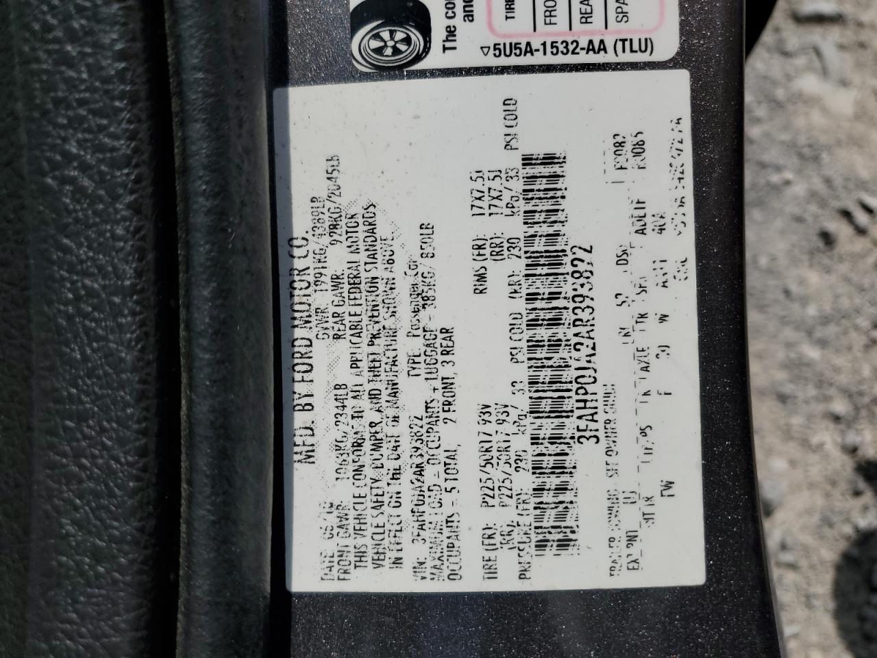 2010 Ford Fusion Sel VIN: 3FAHP0JA2AR393822 Lot: 62346405