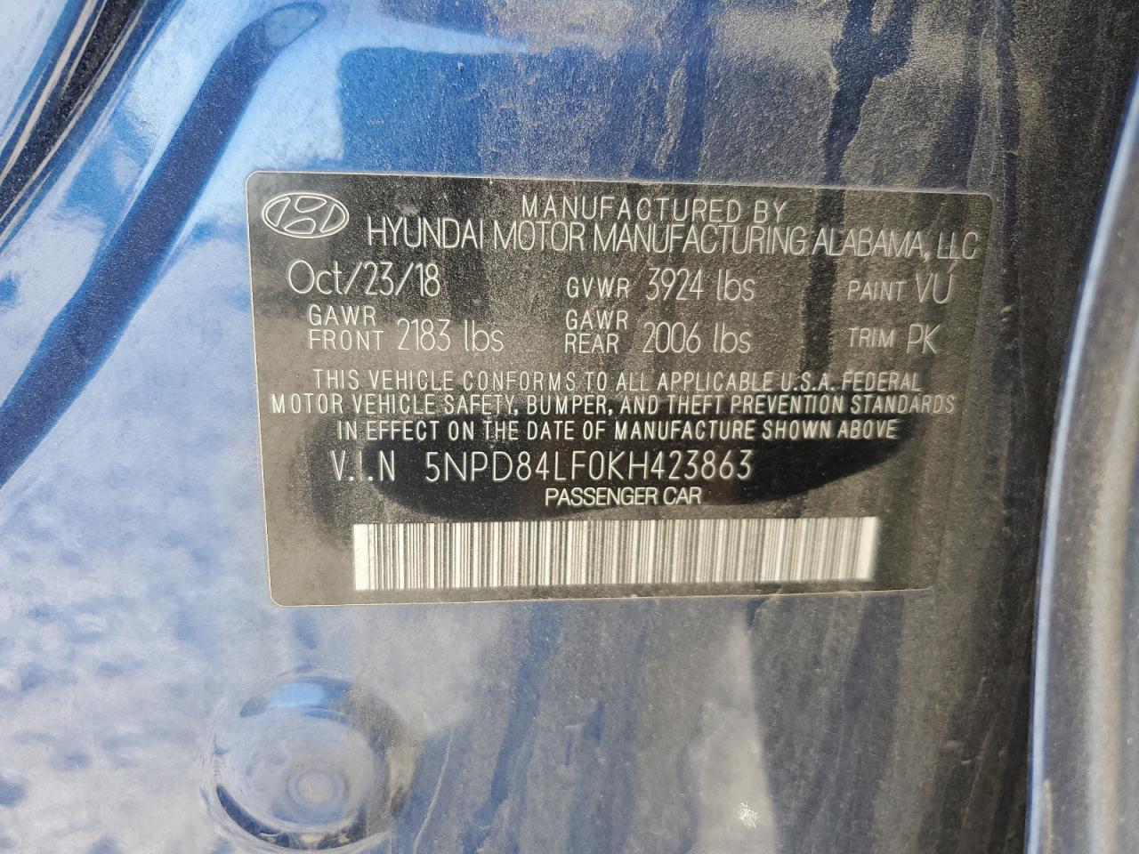 2019 Hyundai Elantra Sel VIN: 5NPD84LF0KH423863 Lot: 59724395