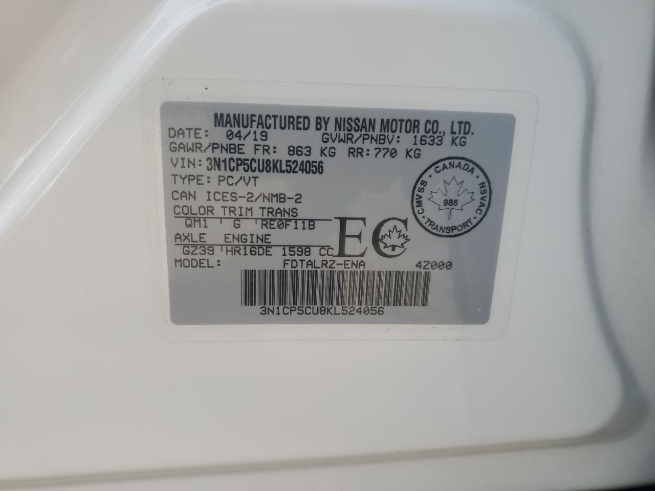 2019 Nissan Kicks S VIN: 3N1CP5CU8KL524056 Lot: 60582215