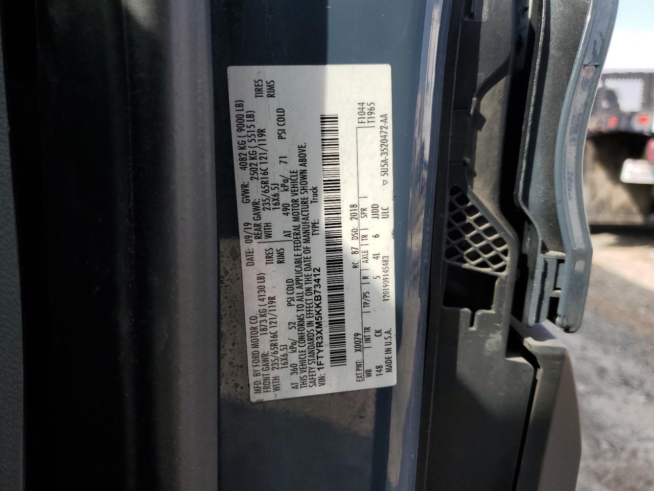 2019 Ford Transit T-250 VIN: 1FTYR3XM5KKB73412 Lot: 62899825