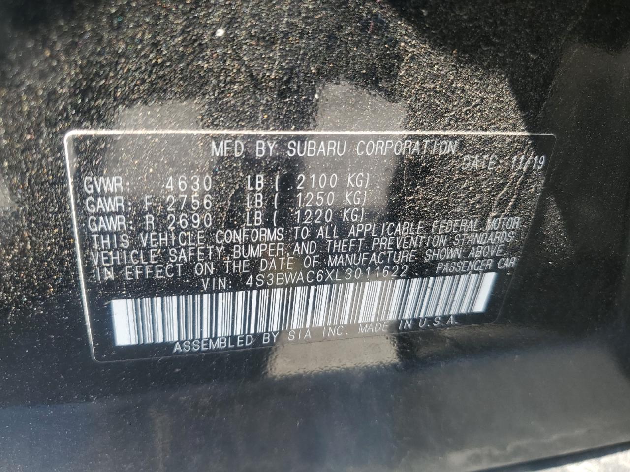 2020 Subaru Legacy Premium VIN: 4S3BWAC6XL3011622 Lot: 62541345