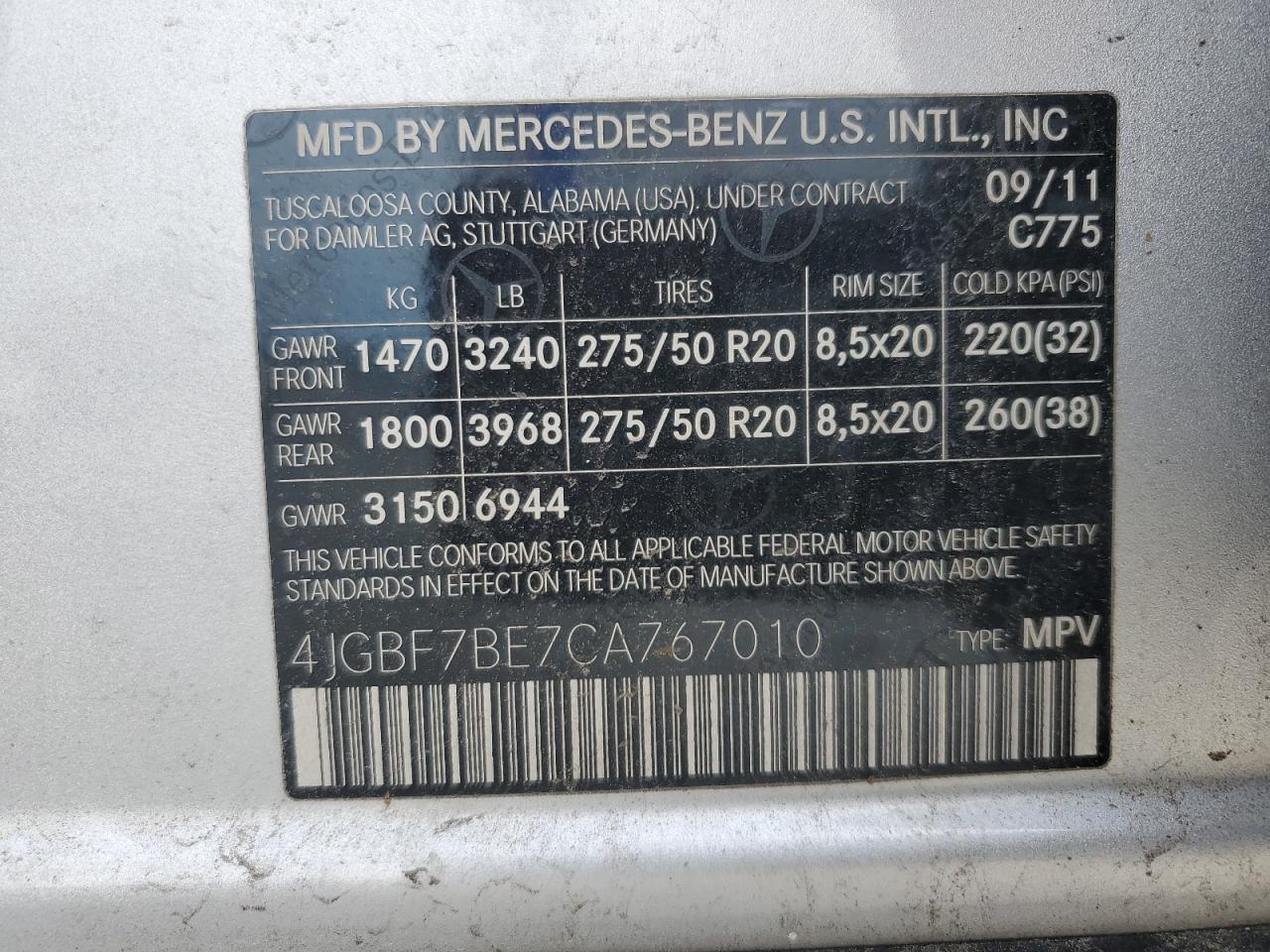 2012 Mercedes-Benz Gl 450 4Matic VIN: 4JGBF7BE7CA767010 Lot: 62457295