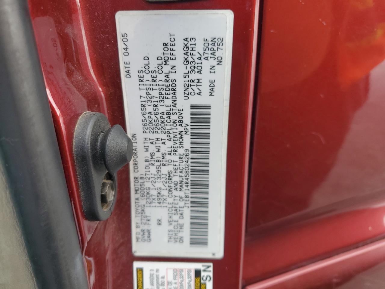 2005 Toyota 4Runner Sr5 VIN: JTEBT14R458024269 Lot: 62668125