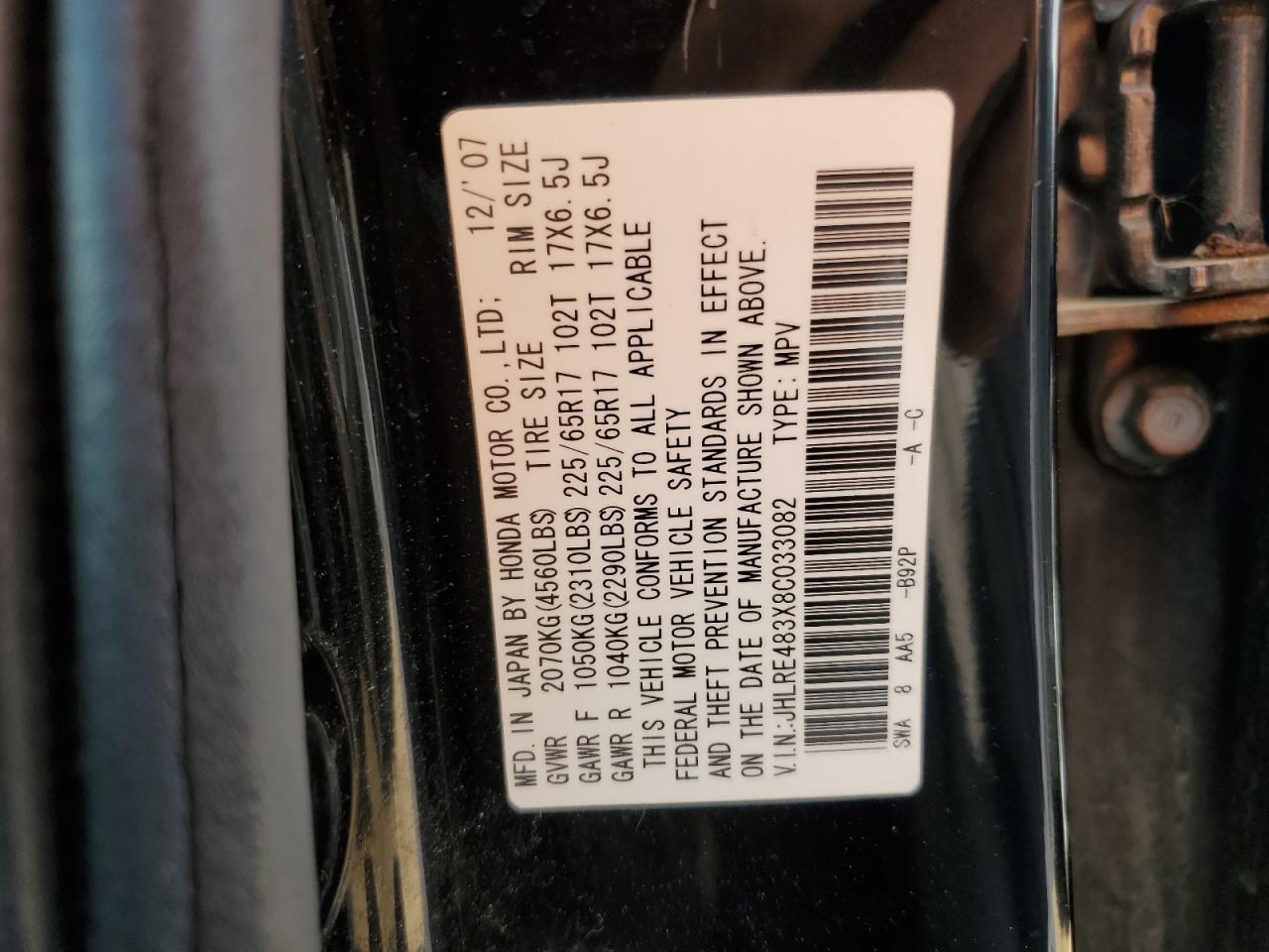 2008 Honda Cr-V Lx VIN: JHLRE483X8C033082 Lot: 62563305