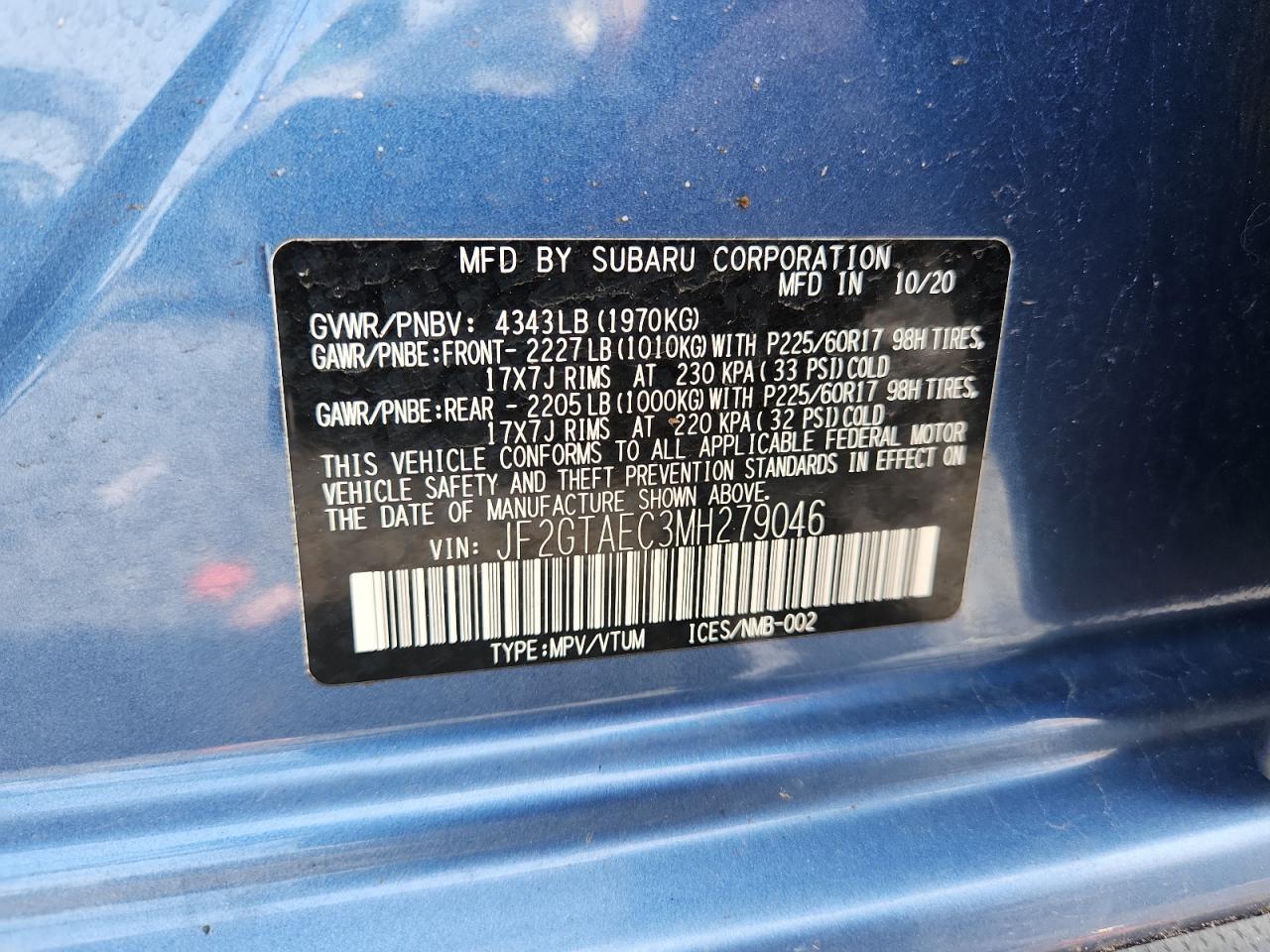 2021 Subaru Crosstrek Premium VIN: JF2GTAEC3MH279046 Lot: 61988565