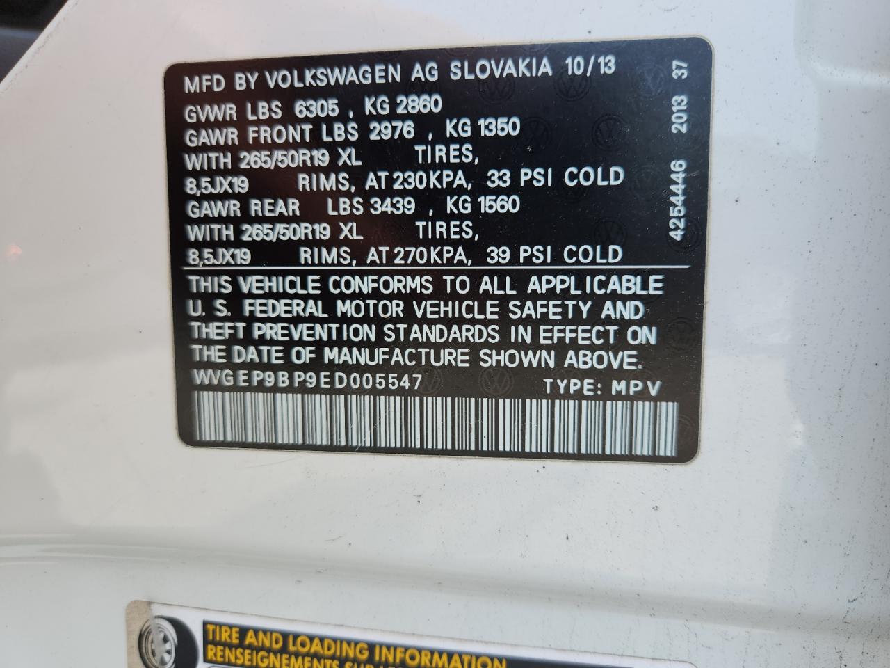 2014 Volkswagen Touareg V6 Tdi VIN: WVGEP9BP9ED005547 Lot: 59147745