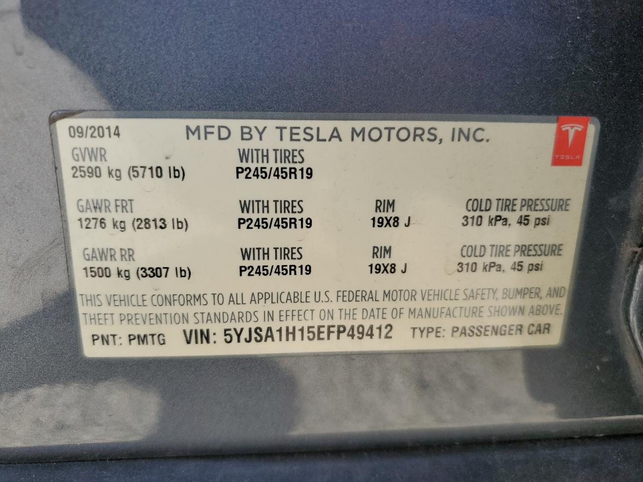 2014 Tesla Model S VIN: 5YJSA1H15EFP49412 Lot: 60476835