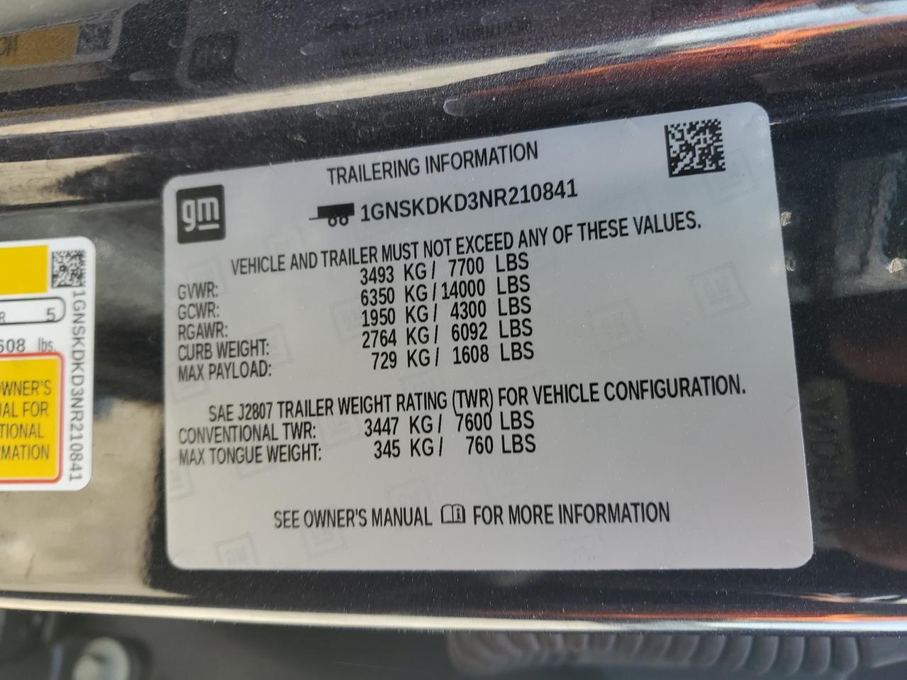 2022 Chevrolet Suburban K1500 Z71 VIN: 1GNSKDKD3NR210841 Lot: 60291705