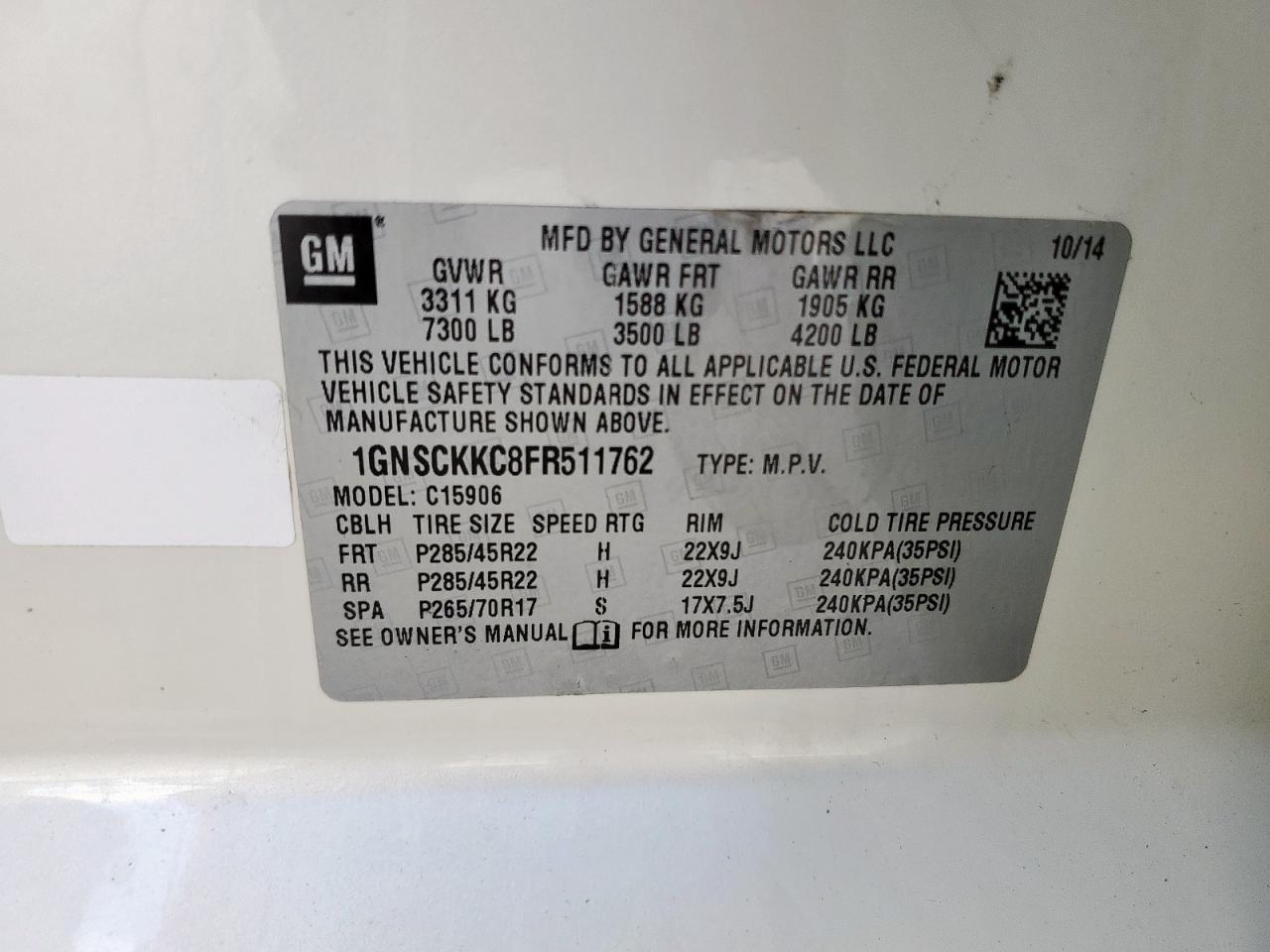 2015 Chevrolet Suburban C1500 Ltz VIN: 1GNSCKKC8FR511762 Lot: 61952475