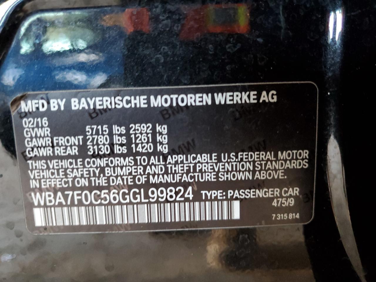 2016 BMW 750 I VIN: WBA7F0C56GGL99824 Lot: 62845125