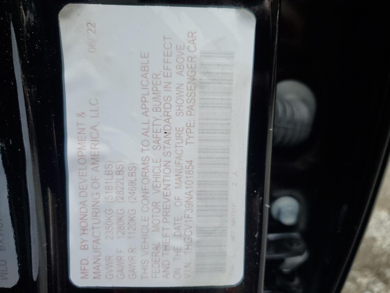 2022 Honda Accord Sport VIN: 1HGCV1F39NA098888 Lot: 60958845