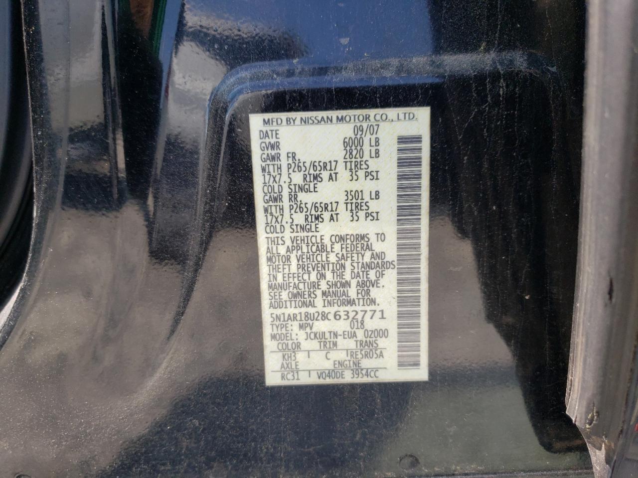 2008 Nissan Pathfinder S VIN: 5N1AR18U28C632771 Lot: 62082235