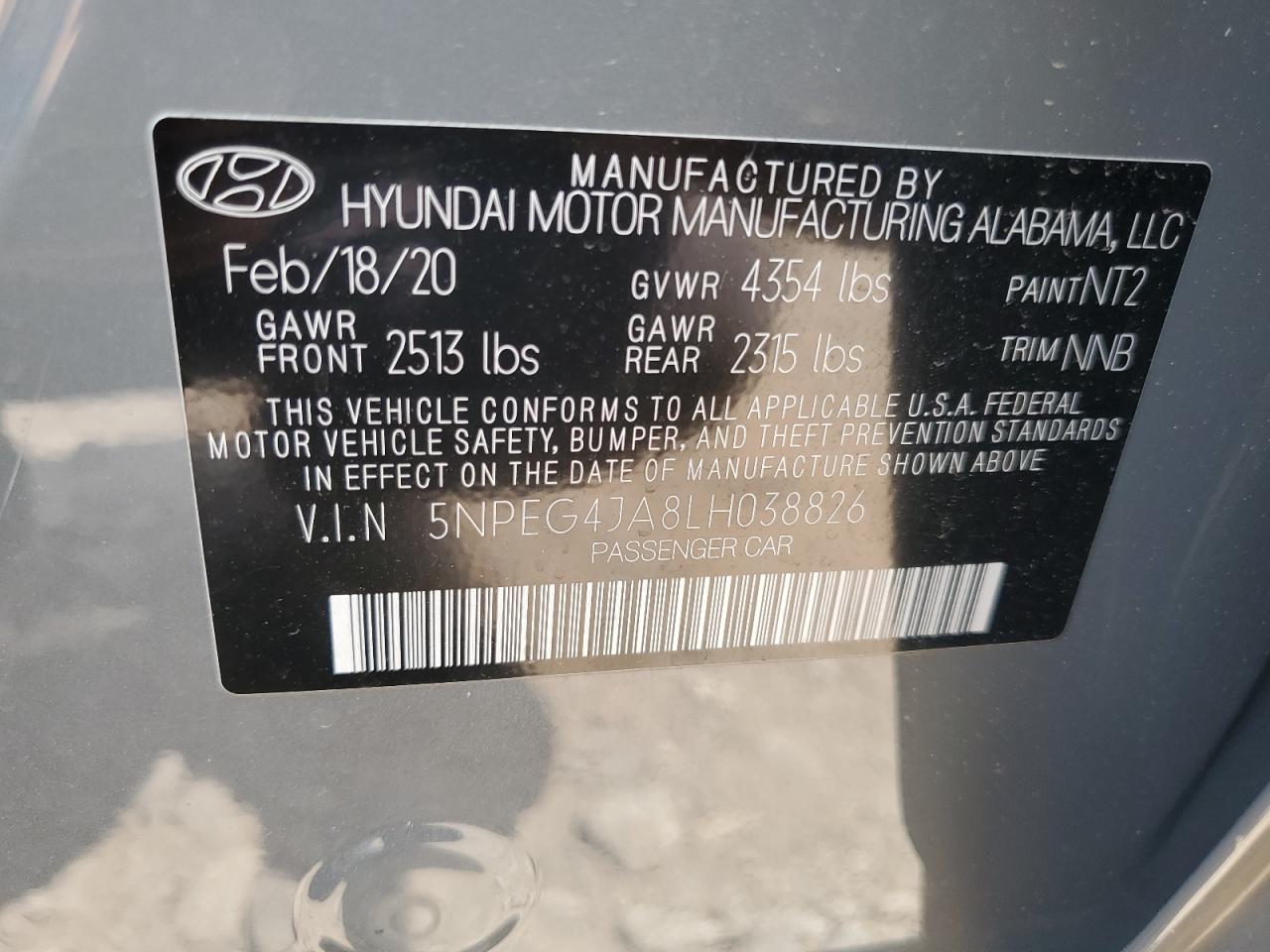 2020 Hyundai Sonata Se VIN: 5NPEG4JA8LH038826 Lot: 62646695