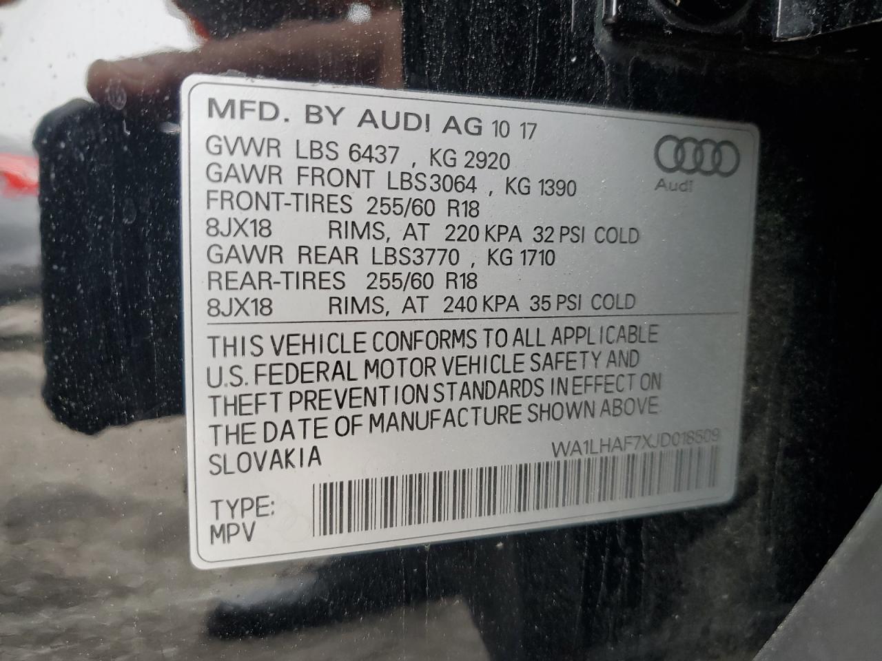 2018 Audi Q7 Premium Plus VIN: WA1LHAF7XJD018509 Lot: 60122315