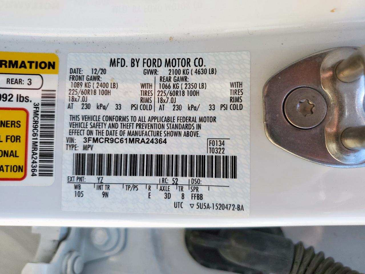 2021 Ford Bronco Sport Outer Banks VIN: 3FMCR9C61MRA24364 Lot: 60158085
