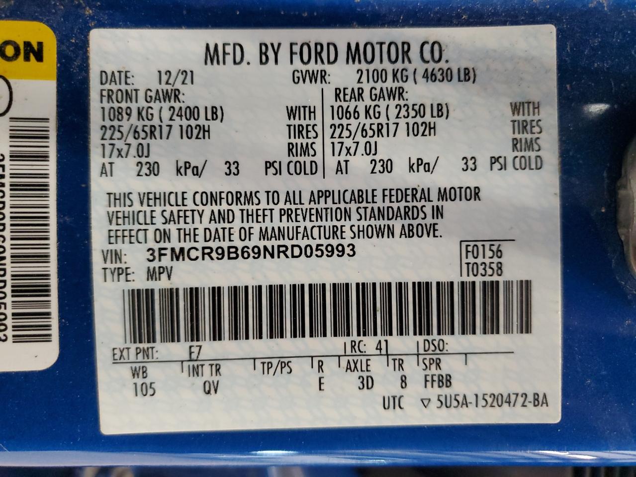 2022 Ford Bronco Sport Big Bend VIN: 3FMCR9B69NRD05993 Lot: 62699725