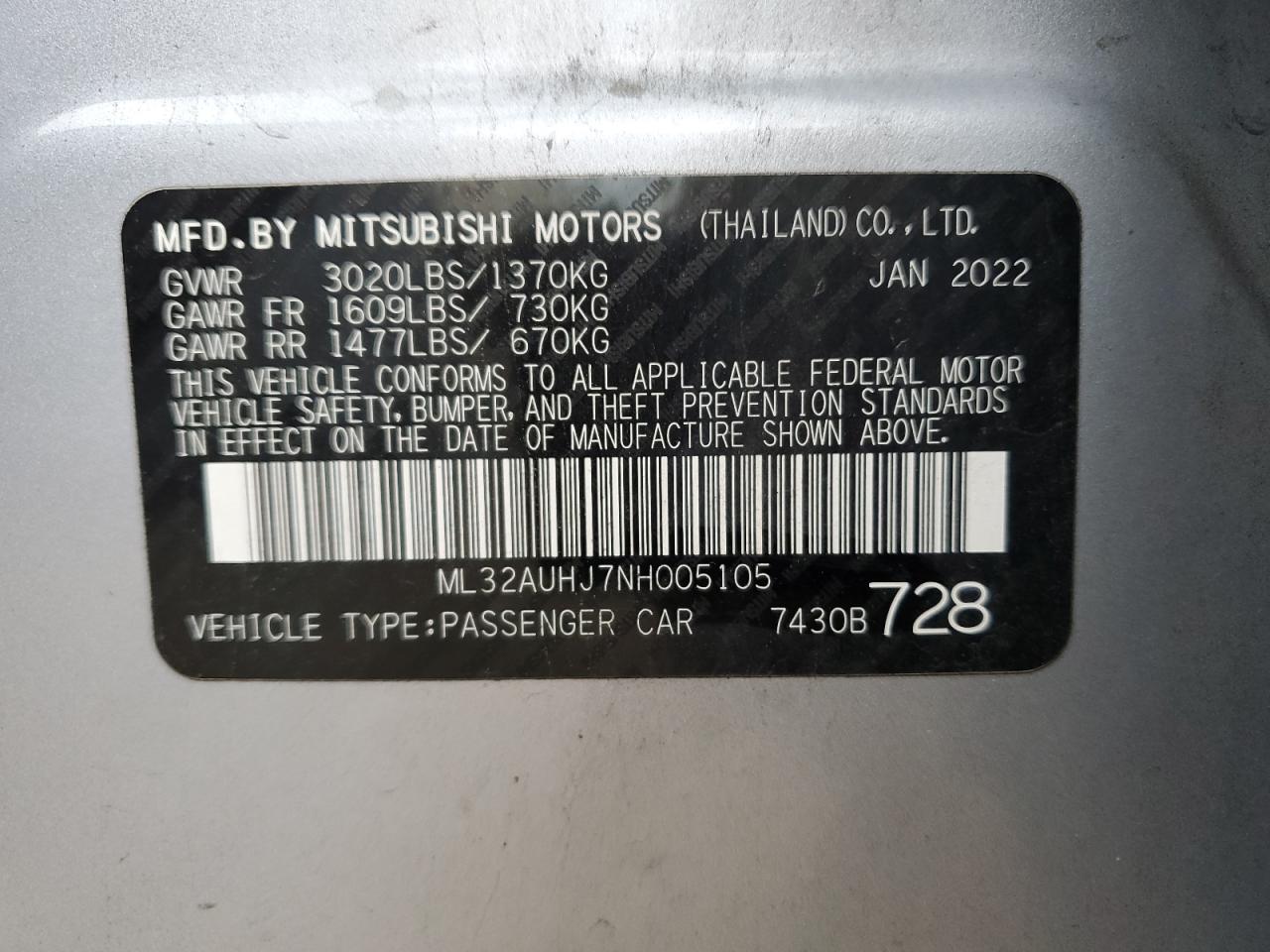 2022 Mitsubishi Mirage Es VIN: ML32AUHJ7NH005105 Lot: 61571055