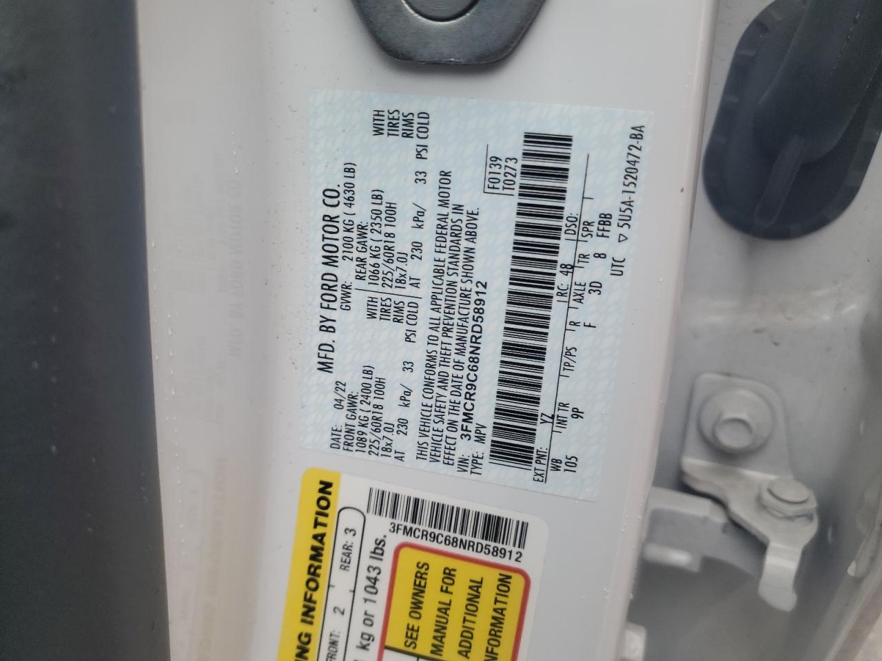 2022 Ford Bronco Sport Outer Banks VIN: 3FMCR9C68NRD58912 Lot: 59706615
