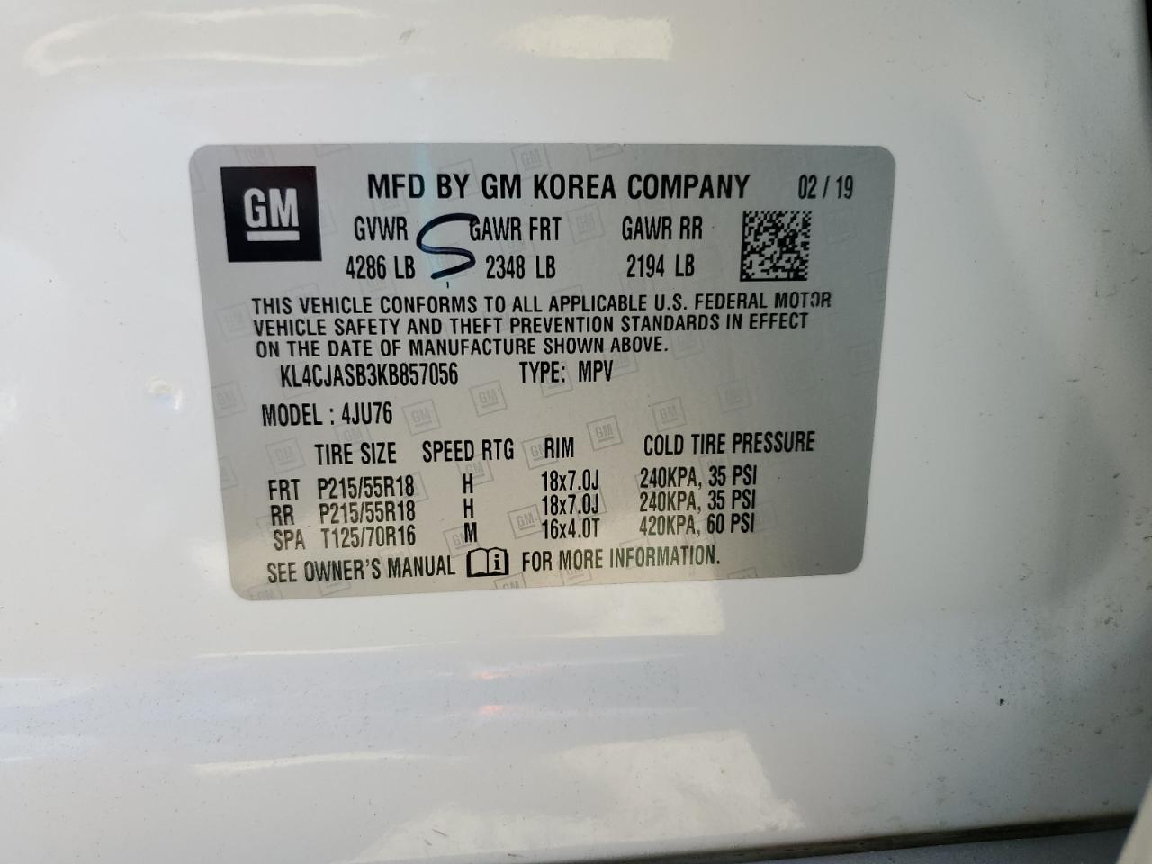 2019 Buick Encore Preferred VIN: KL4CJASB3KB857056 Lot: 61738315