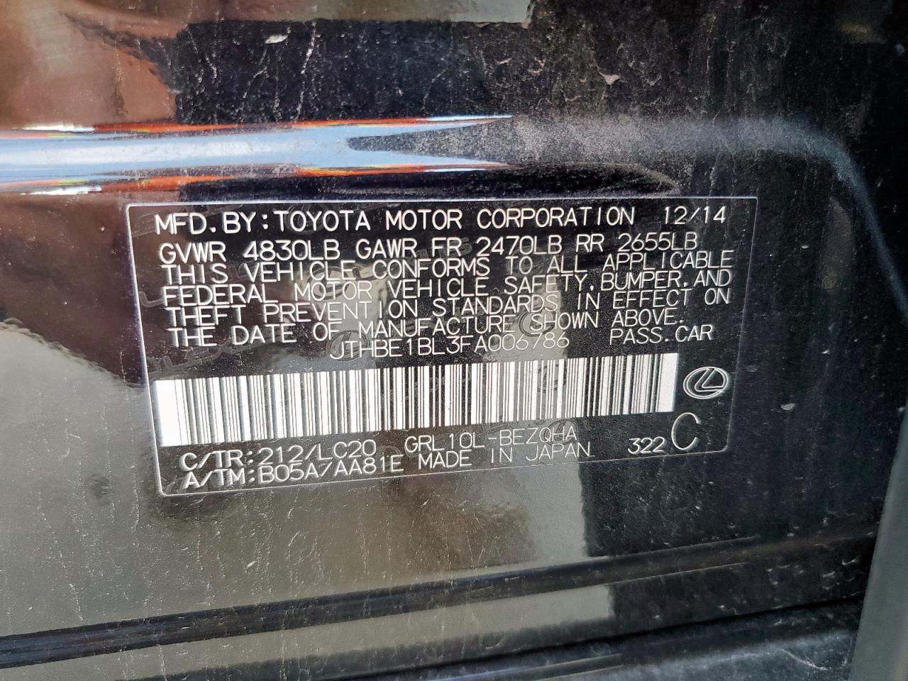 2015 Lexus Gs 350 VIN: JTHBE1BL3FA006786 Lot: 62080545