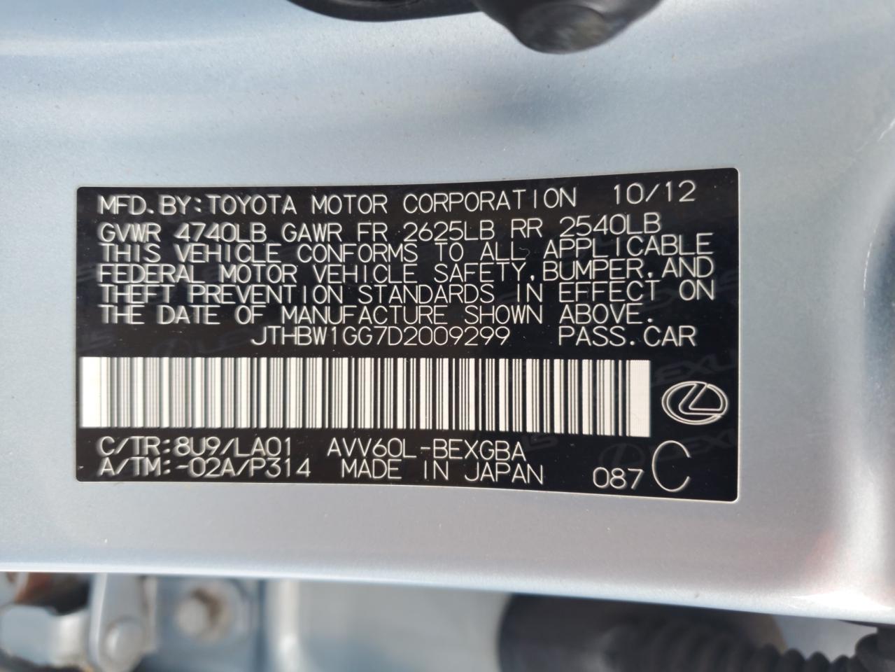 2013 Lexus Es 300H VIN: JTHBW1GG7D2009299 Lot: 59710545