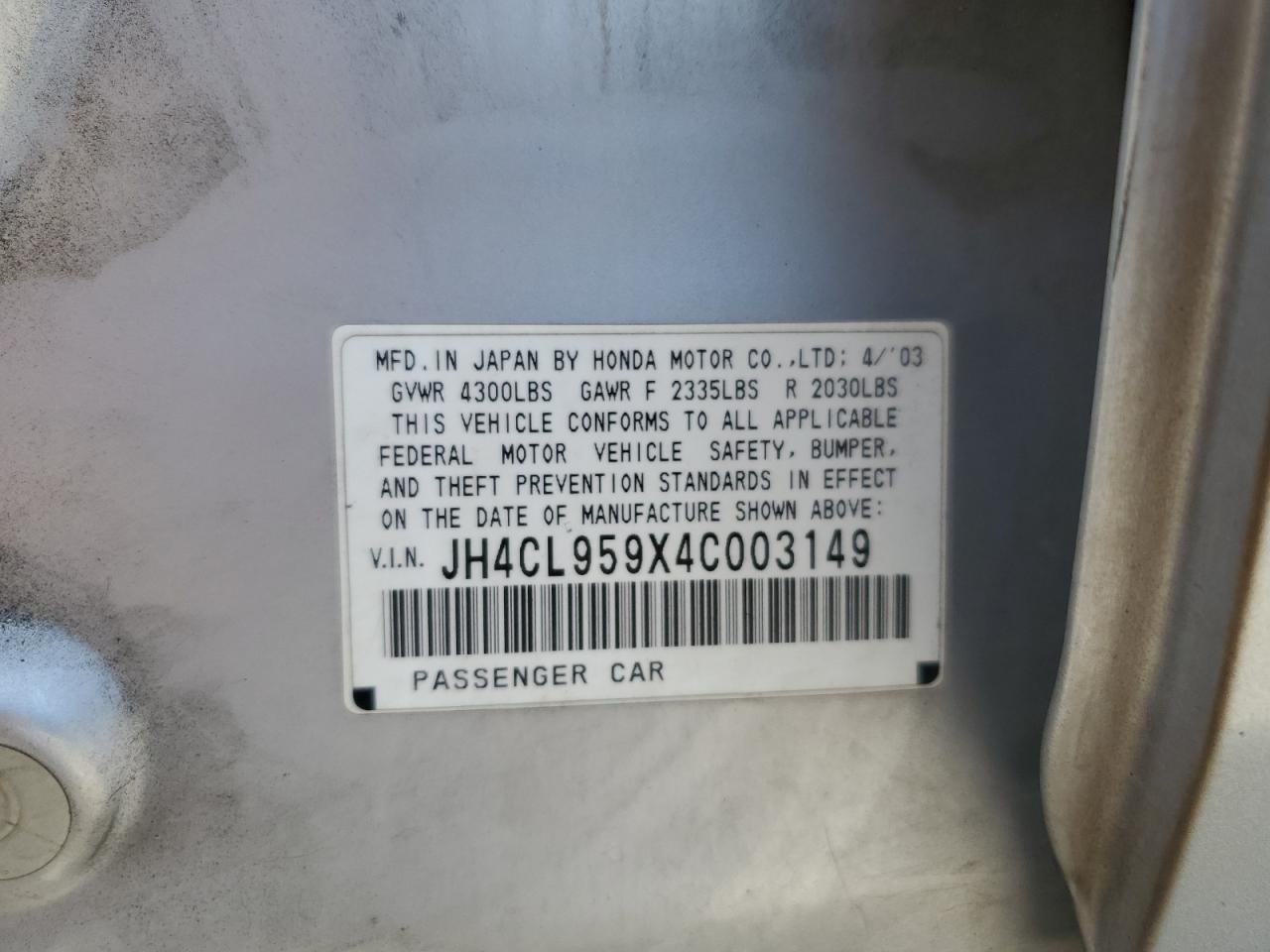2004 Acura Tsx VIN: JH4CL959X4C003149 Lot: 59338165