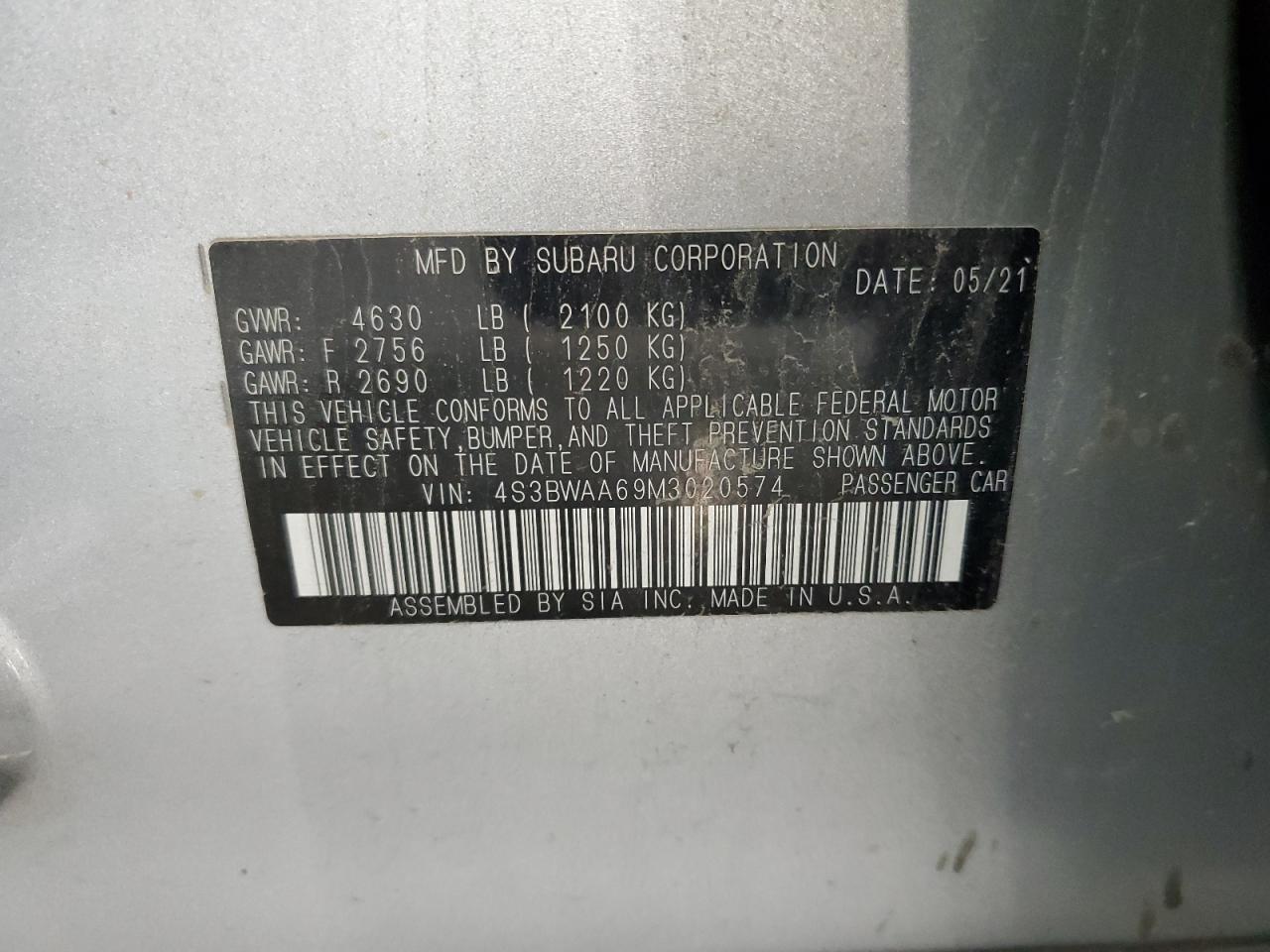 2021 Subaru Legacy VIN: 4S3BWAA69M3020574 Lot: 60711215