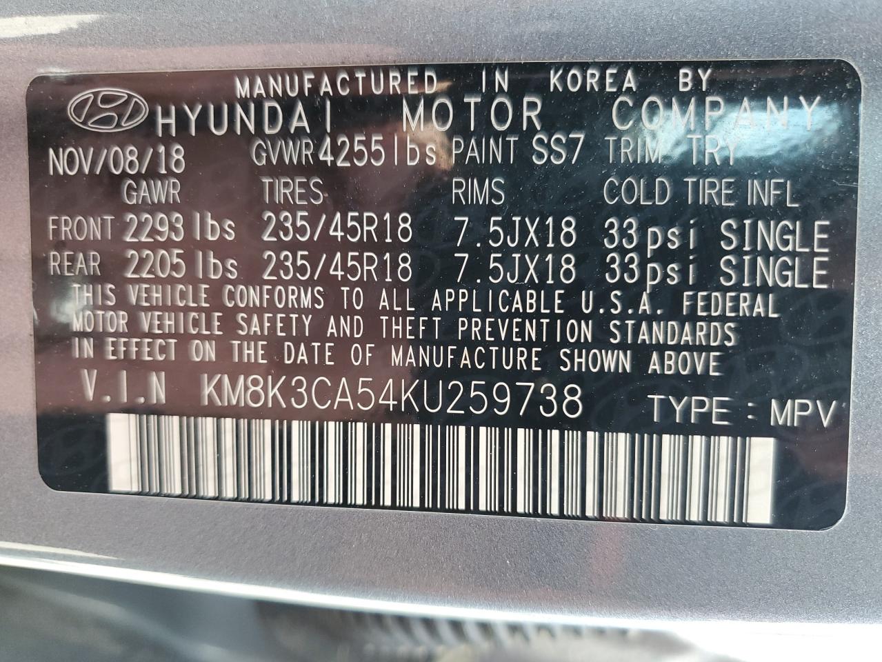 2019 Hyundai Kona Limited VIN: KM8K3CA54KU259738 Lot: 62326015