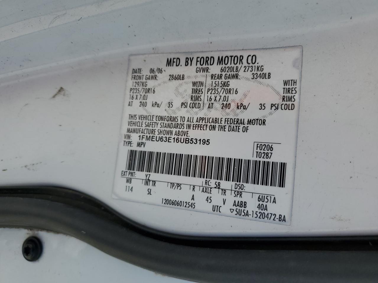 2006 Ford Explorer Xlt VIN: 1FMEU63E16UB53195 Lot: 62358065