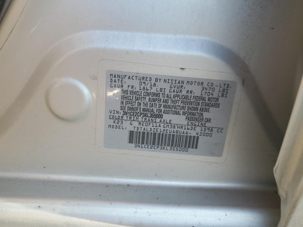 NISSAN VERSA 2019 VIN 3N1CE2CP3KL355000 photo 12