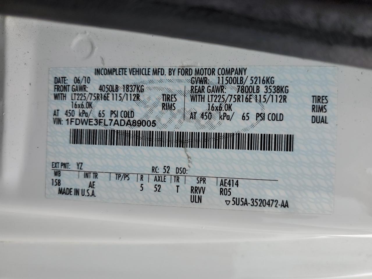 2010 Ford Econoline E350 Super Duty Cutaway Van VIN: 1FDWE3FL7ADA89005 Lot: 62634855