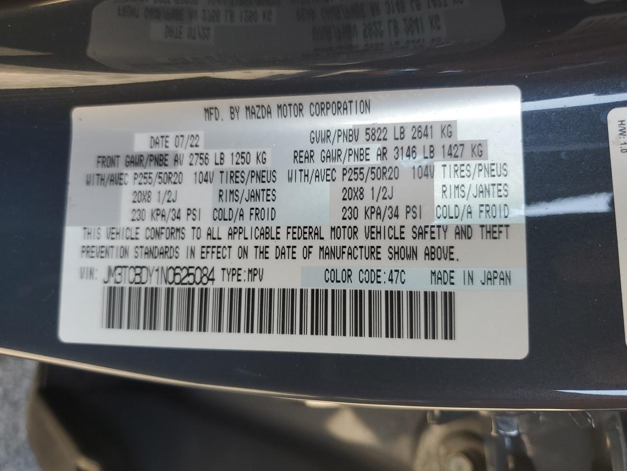 2022 Mazda Cx-9 Grand Touring VIN: JM3TCBDY1N0625084 Lot: 61593355