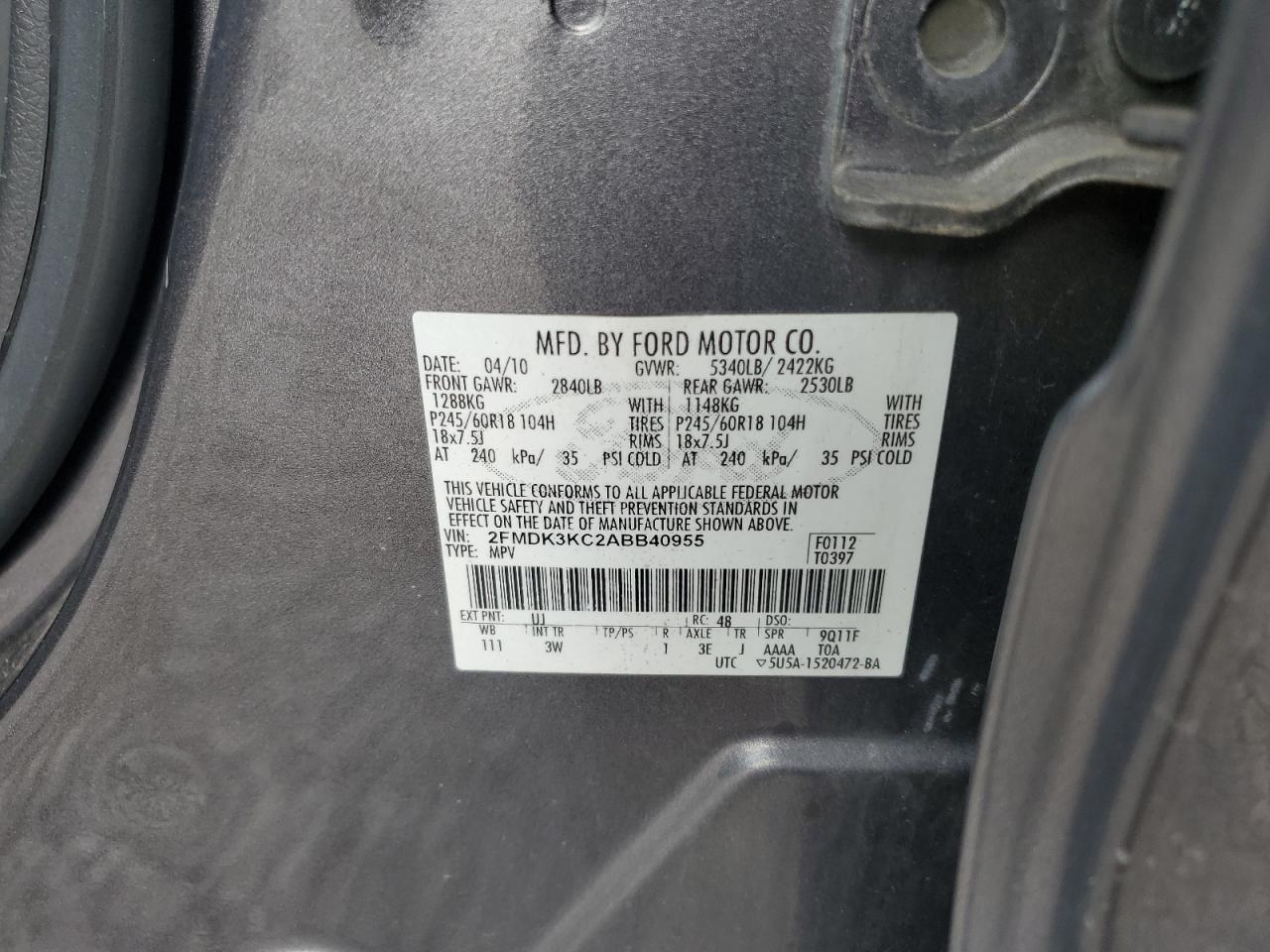 2010 Ford Edge Limited VIN: 2FMDK3KC2ABB40955 Lot: 62586825