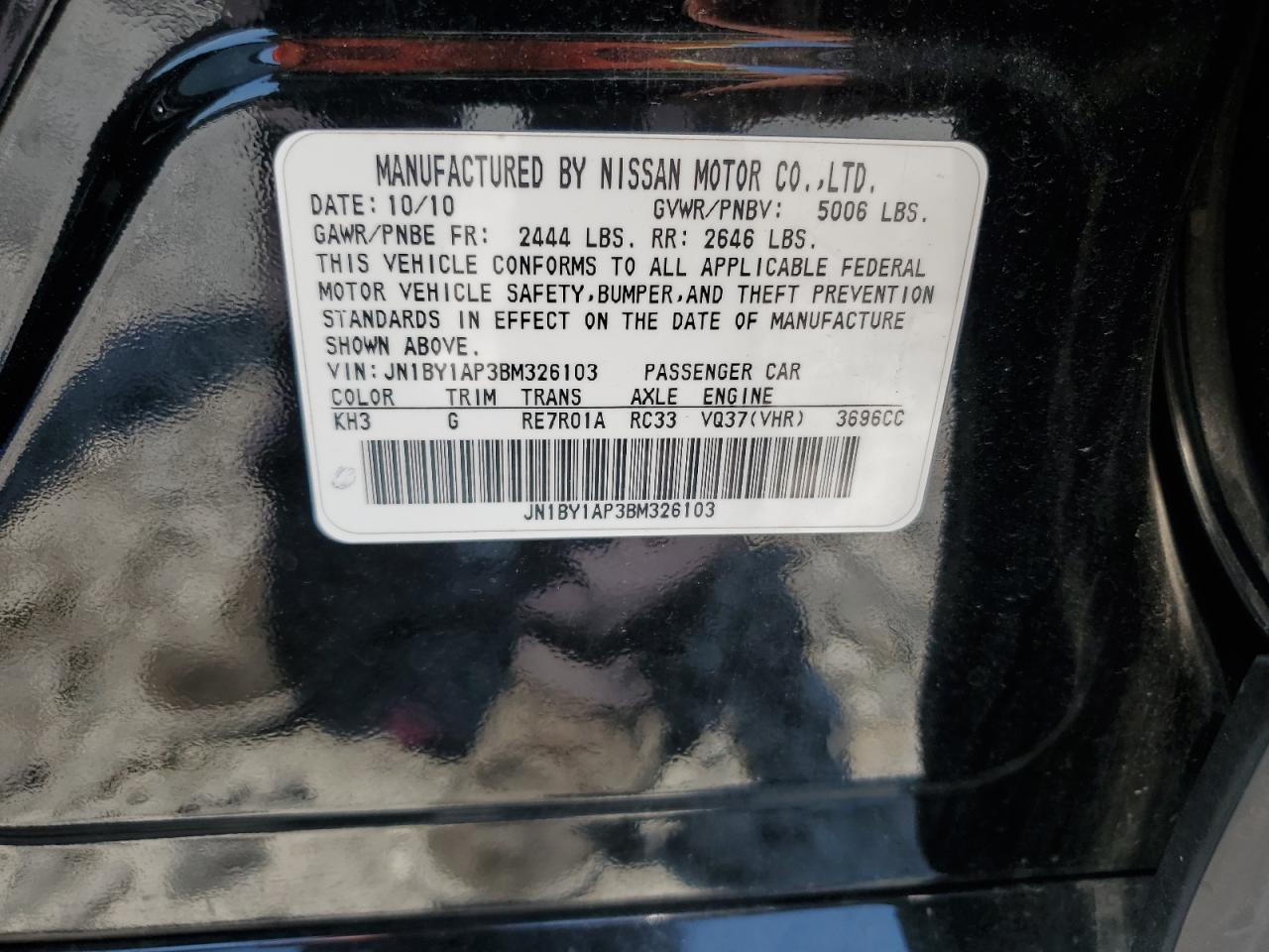 2011 Infiniti M37 VIN: JN1BY1AP3BM326103 Lot: 58999415