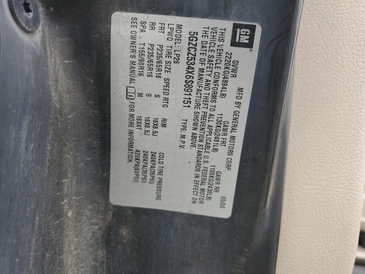 2006 Saturn Vue VIN: 5GZCZ534X6S891151 Lot: 62385755