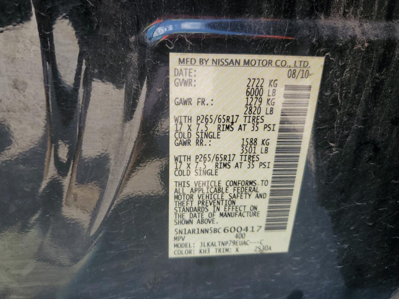 2011 Nissan Pathfinder S VIN: 5N1AR1NN5BC600417 Lot: 61543765