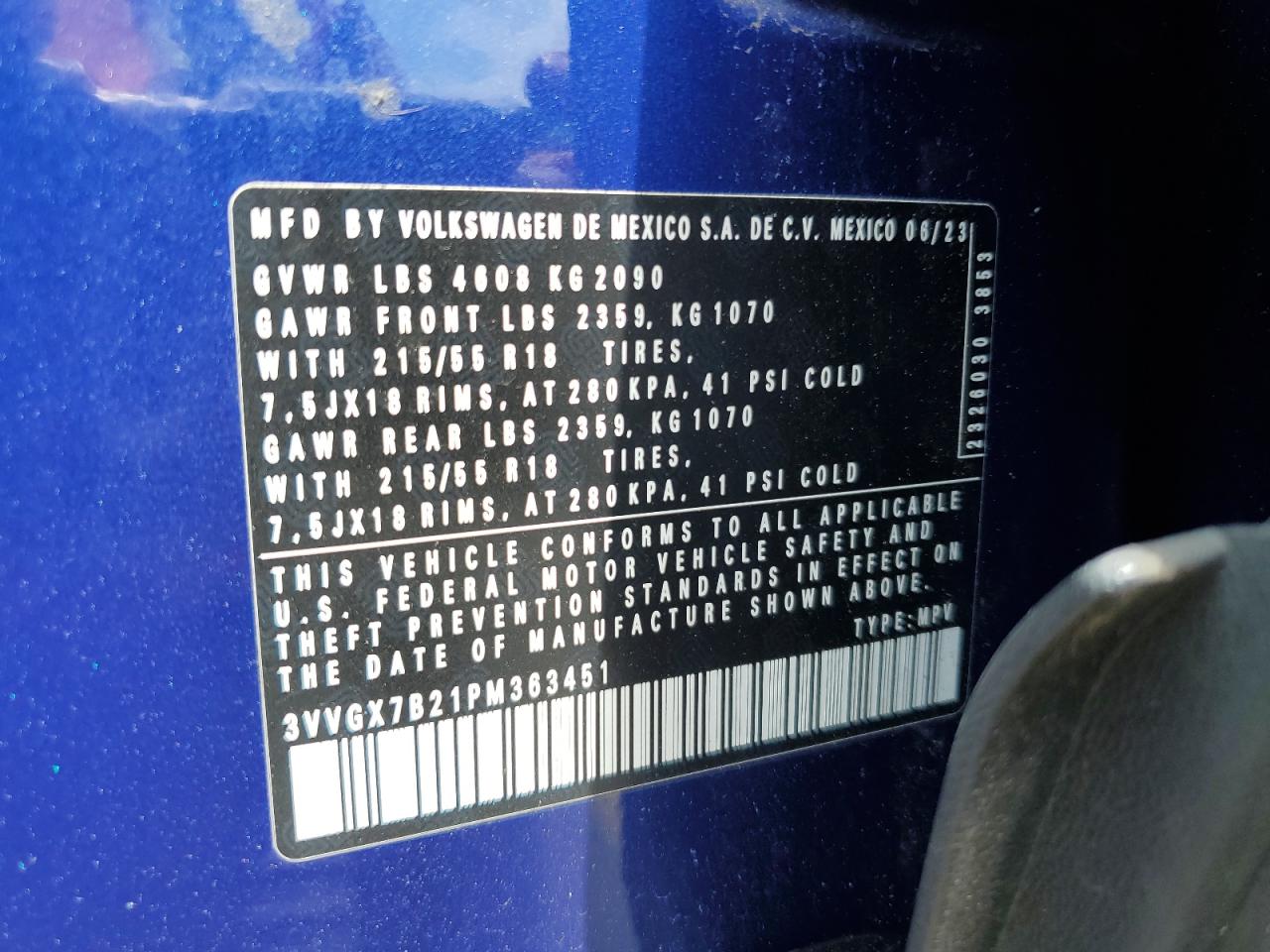 2023 Volkswagen Taos S VIN: 3VVGX7B21PM363451 Lot: 61391075