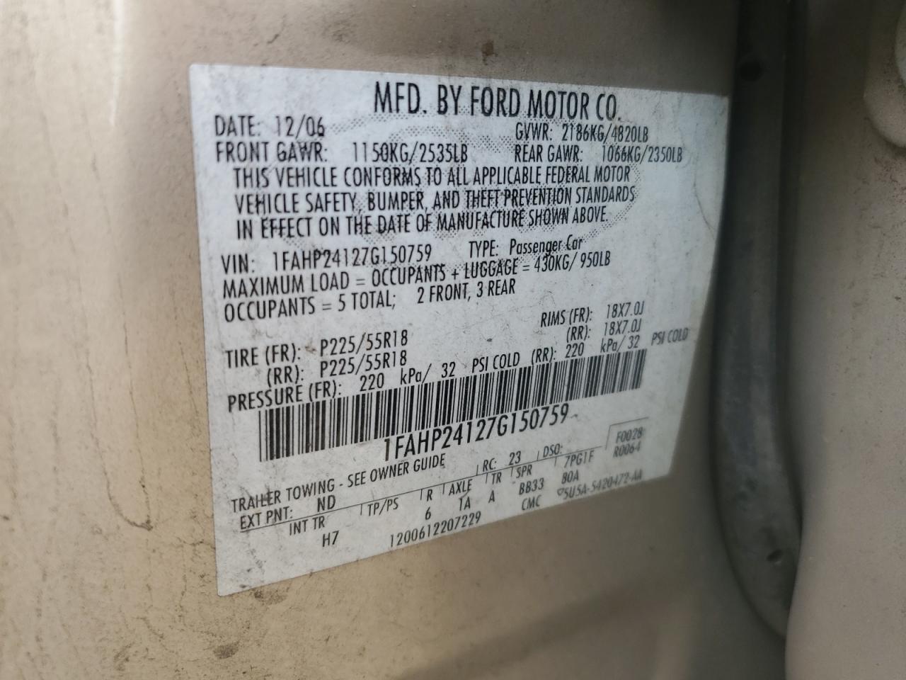 2007 Ford Five Hundred Sel VIN: 1FAHP24127G150759 Lot: 58405375